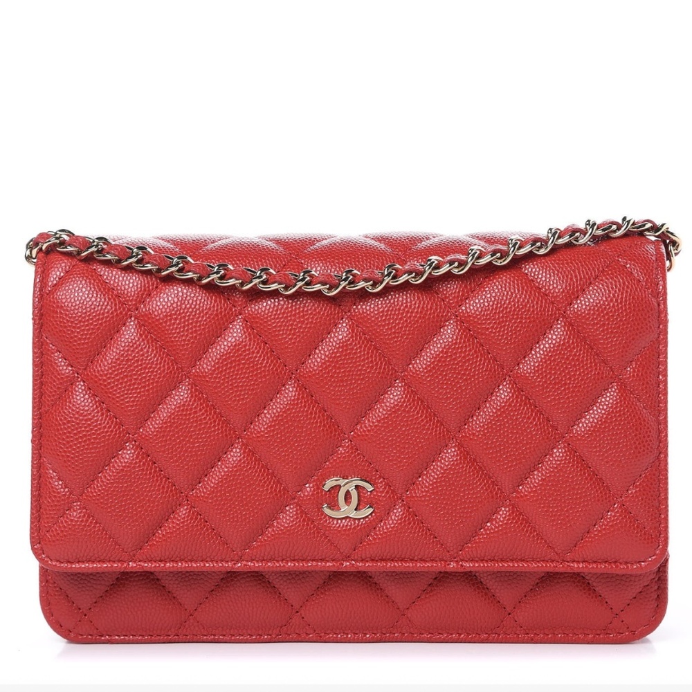 Authentic CHANEL Caviar Quilted Wallet on Chain WOC Red
